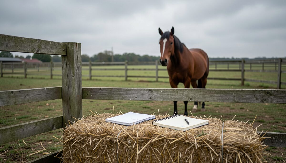 A stable yard on an overcast morning: a wooden fence rail, a notebook and pen resting on a bale of hay, and a single horse standing quietly in a paddock beyond, ears relaxed, no people visible.