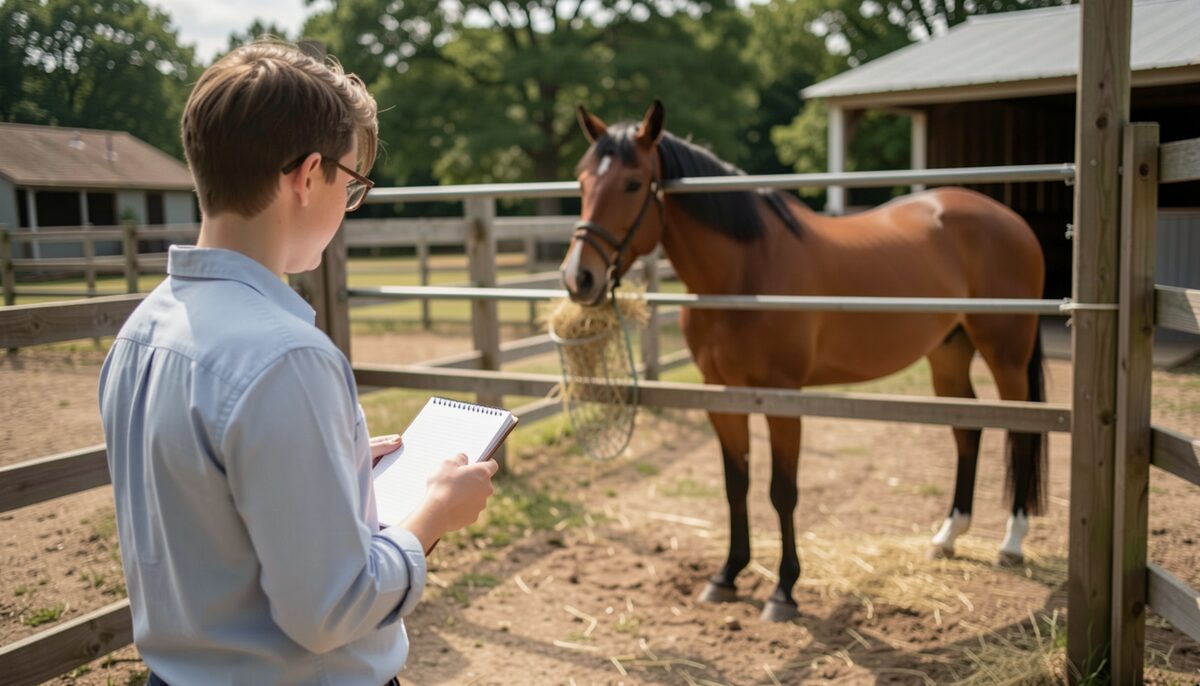 A person standing at a safe distance outside a stable yard at quiet daylight, holding a small notebook, calmly looking at a horse standing relaxed in a paddock with a hay net and water trough visible nearby.